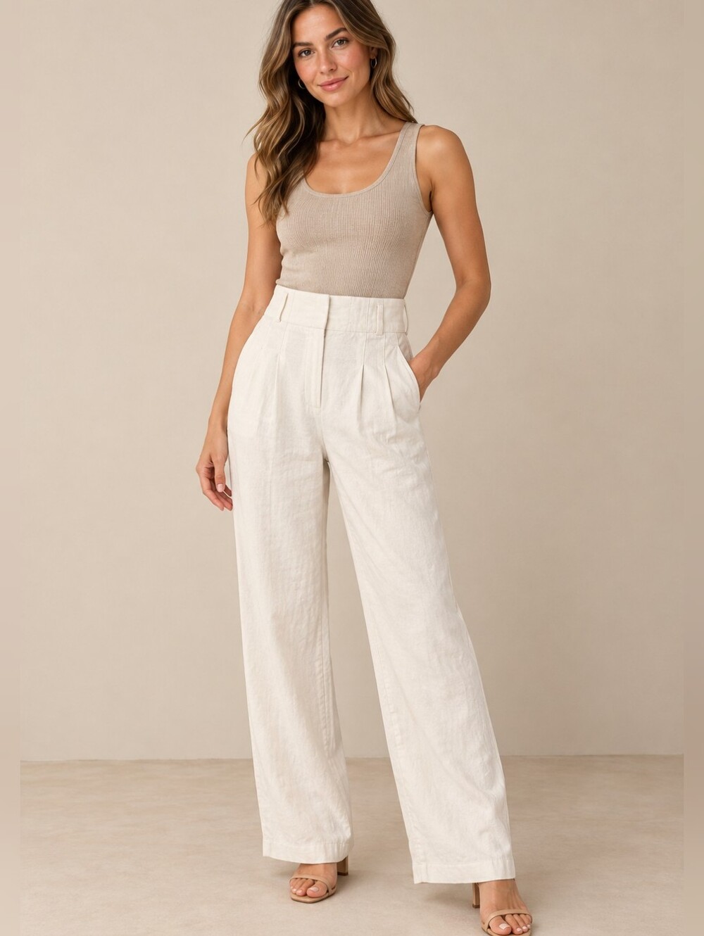 Zara Ivory Linen Blend High Rise Wide Leg Trousers Size Small